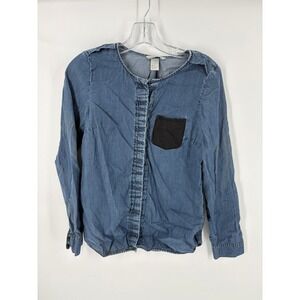 H&M Denim Chambray Long‎ Sleeve Button Up Shirt Top Women US 6 Black Pocket